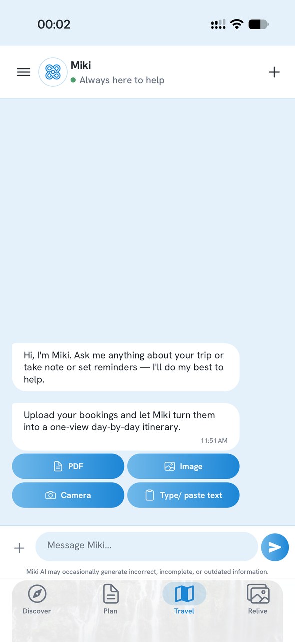 Miki chat asking for your bookings, with PDF, Image, Camera and Type or paste text buttons
